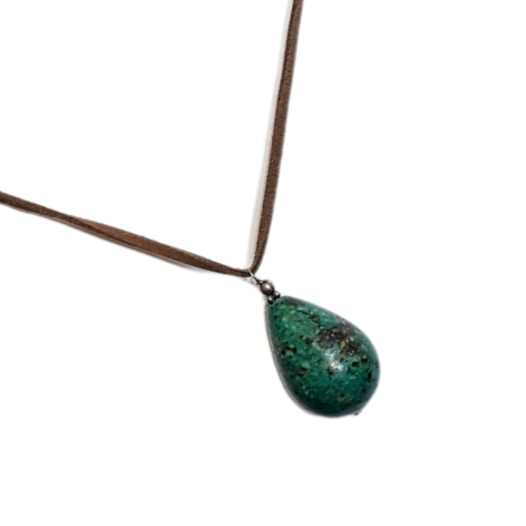 Green Jasper Teardrop Pendant Necklace on Brown Leather Cord Artisan Style NWOT - Picture 2 of 6